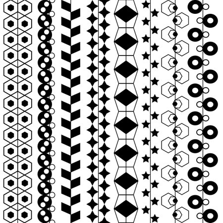 White and black geometric abstract seamless geometric pattern. Stars, circles, rhombus with vertical stripe design for poster, backdrop, template, fabric, textile, texture. EPS10 vector illustration.の写真素材