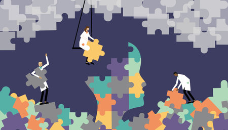 vector illustration on the theme of psychotherapy, mental assistance, psychology, mental health. three different people collect a puzzle in a human's head. trend illustration in flat styleのイラスト素材