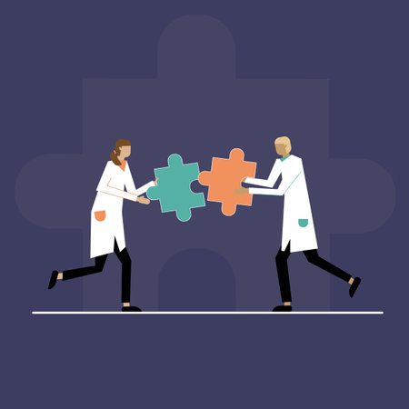 Vector of two doctors man and woman in uniform putting puzzle pieces together a symbol of team work, medical decision and collaboration. Scientists or doctors with puzzle and copy space. Flat vector stock illustration. Medical, scientific research and place for text.のイラスト素材