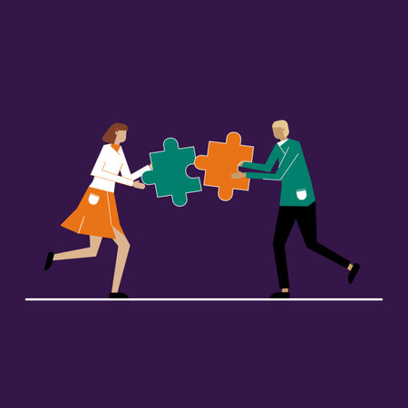 Cute flat couple run to each other with matching pieces of puzzle. Happy Valentine's Day. Couple in...