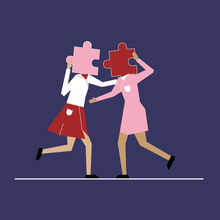 LGBTQ love and relationship concept. Lesbian couple love concept, two women match each other like puzzle pieces, Homosexual relationship, girlfriends hugging, female LGBT partners, vector cartoon illustration, good for poster, banner or cardのイラスト素材