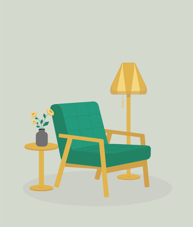 Interior design with Modern vintage cozy wooden green armchair, lamp and small table with vase, flowers. Interior elements, calm place on pastel green background. Flat vector illustration, furniture elements.のイラスト素材