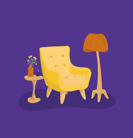 Interior design with Modern vintage cozy yellow armchair, standing lamp and small table with vase, flowers, cup. Interior elements, calm place on dark purple background. Flat vector illustration, furniture elements.のイラスト素材