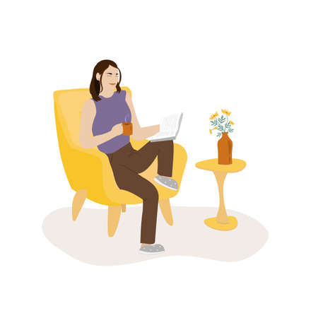 Woman reading book and drinking hot tea or coffee flat color vector faceless character on white background. Female relaxing at home in yellow chair. Girl with hot drink on armchair. Recreation isolated cartoon illustration. concept of cozy staying home and selfcare.のイラスト素材