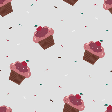 Seamless vector pattern with different cupcakes on a light background. Sweet pastries decorated with cherries, dressing and icing. Party, birthday, greeting cards, gift wrapping paper, stationery.のイラスト素材