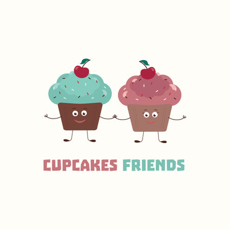 Cute Cupcakes characters on yellow background illustration. Blue and Pink pastel colors. Perfect for baby kids fabric, textile, apparel, pyjamas, t-shirt print design. Quote Cupcakes friends.のイラスト素材
