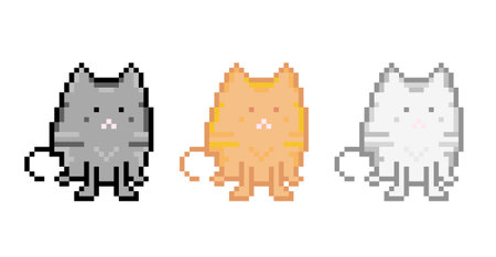 Set of three cute cats in pixel art, perfect for presentations, stickers, icons, textile t-shirt printing pattern. Isolated vector illustration.のイラスト素材