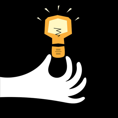 White Hand holding orange light bulb on black background. Concept vector illustration of search for answers to questions, solutions for problem.のイラスト素材