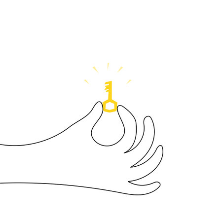Hand brush palm holds a very small yellow metal key from the lock with his fingers. One continuous drawing line logo single hand drawn art doodle isolated minimal illustration. Concept of idea, security, solution, hiding secret.のイラスト素材