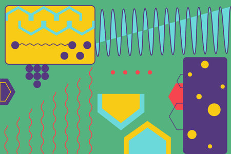 Punchy bright abstract vector geometric background. Collage of variety of shapes and subjects. High...