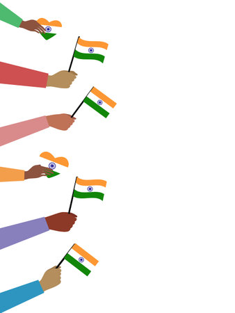 Indian Independence Day concept. Illustration of hands with India flags, indian flag hearts on white background. 71 years of Freedom indian society. Backdrop, background, web banner, made in vector.のイラスト素材