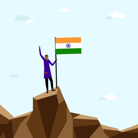 Indian Independence Day concept. Illustration of man with big India flag standing on the top of mountain on blue sky background. Freedom indian society. Backdrop, background, web banner, made in vector.のイラスト素材