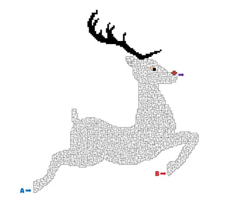 Vector Illustration of Maze Puzzle Game for Children with Deer Renifer character . Maze inside contour of Renifer. Labirynth with two entries and one exit. Wnter holidays leisure, kids activity.のイラスト素材