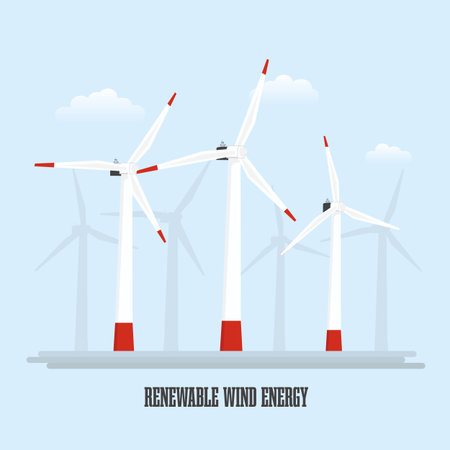 Windmills and its shades on light blue background with clouds. Eco energy and renewable wind energy in nature concept. Vector illustration.のイラスト素材