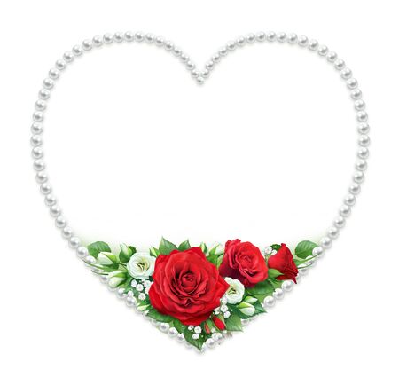 Pearl frame in the form of heart with red roses. For greetings, invitations, and photo frames.の写真素材