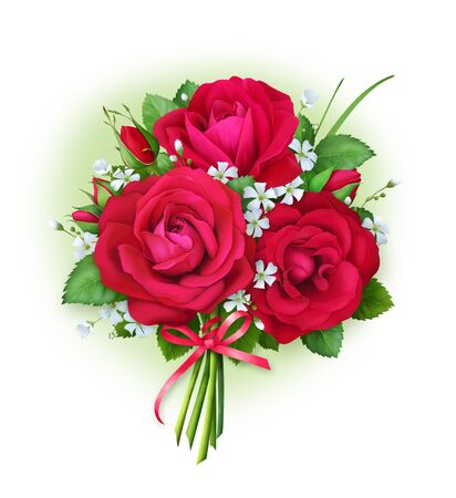 Beautiful bouquet of red roses with small white flowers. Designed for decorating pages, making postcards, greetings and invitations.の写真素材