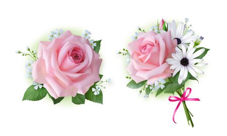 Two small floral arrangements of roses and wildflowers.の写真素材