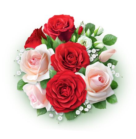 Large beautiful bouquet of red and cream roses. Hand-drawn picture for greeting cards and invitations.の写真素材