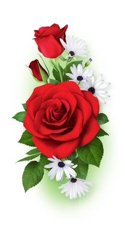 Beautiful  bouquet of red roses and daisies. The drawing is intended for making postcards and greetings.の写真素材