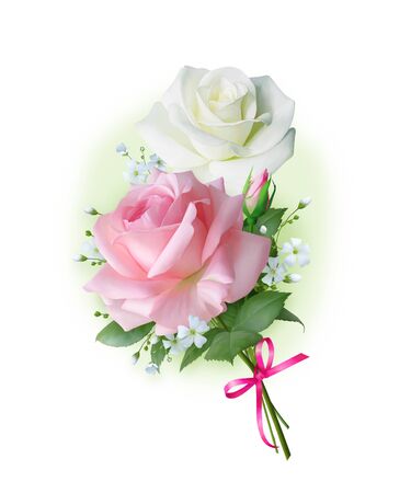 A small beautiful bouquet of white and pink roses. For decorating pages, greeting cards, and invitations.の写真素材