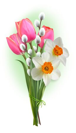 Beautiful spring bouquet of tulips, daffodils and willow. Easter bouquet. For decorating pages, making postcards and greetings.の写真素材
