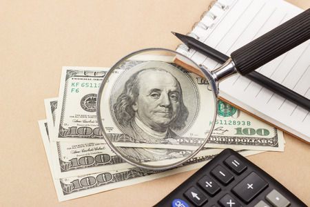 Plan your financial budget. Banknotes, notepad, calculatorの写真素材