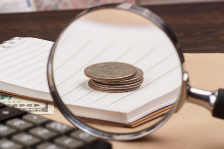 Plan your financial budget. Banknotes, notepad, calculatorの写真素材