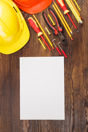 Set of different construction tools, wooden backgroundの写真素材