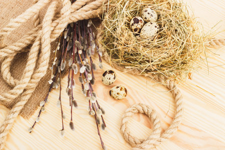 Easter Quail eggs in the nest and willow twigs, wooden backgroundの写真素材