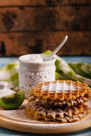 Few waffles, piece of kiwi and sugar bowl with sugar powder, soft focus backgroundの写真素材