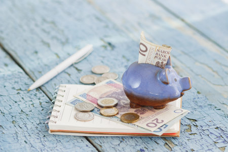Polish zloty and piggy bank on the wooden background, soft focus backgroundの写真素材