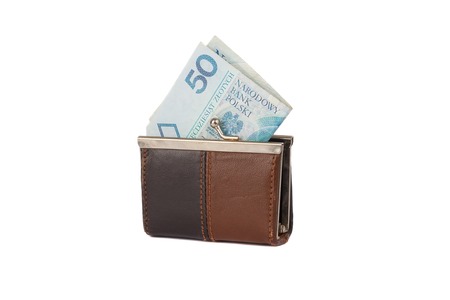 Polish zloty in the little leather wallet, isolatedの写真素材