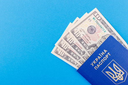 Two blue passports and American dollars on the light blue base, top viewの写真素材