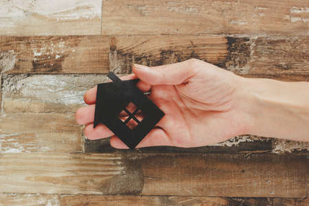 Gold, silver coins and decorative house, wooden backgroundの写真素材