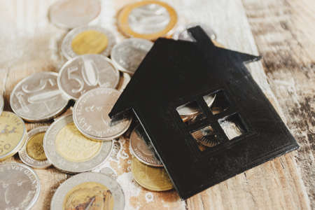 Gold, silver coins and decorative house, wooden backgroundの写真素材