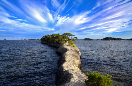 Beautiful seascape with blue sky and white clouds over the sea in Matsushima, Miyagi, Japan.