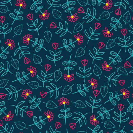 Elegant trendy ditsy floral texture vector repeating pattern comprising vibrant hand drawn tree leaves and flowers. Most suitable for wallpaper, wrapping paper; screen printing and textile industryのイラスト素材