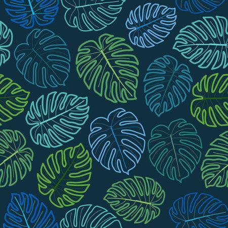 Elegant trendy ditsy foliage texture vector repeating pattern comprising hand drawn Swiss cheese plant leaves. Most suitable for wallpaper, wrapping paper; screen printing and textile industryのイラスト素材