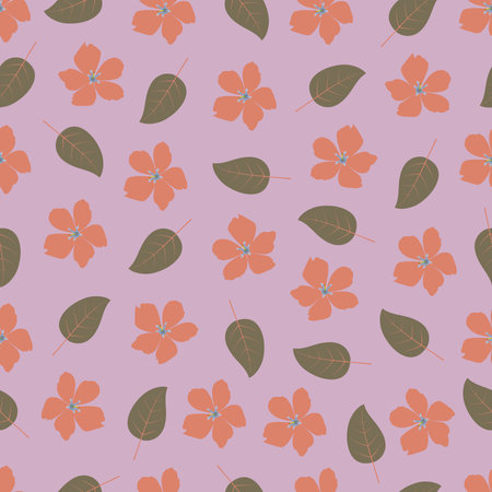 Scandi floral  pattern. Scandinavian flowers and leaves. Flowery surface design featuring allover print pink flowers on lavender color background.のイラスト素材