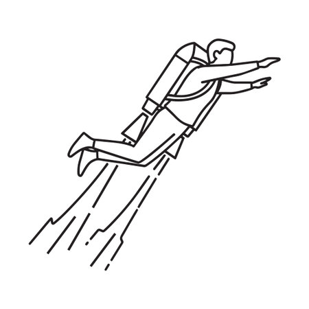 A man wearing a jetpack flies through the air Line art vector illustration