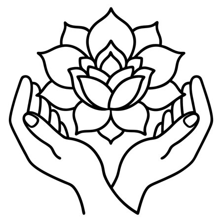 Hand and Flower Vector Illustration in Line Art Formatのイラスト素材