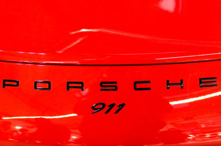 Porsche logo close up. Porsche is a German automobile manufacturer. VAG member.