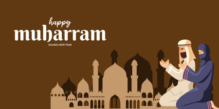 Happy Makar Sankranti greeting card. Muslim man praying in front of mosque. Vector illustrationのイラスト素材