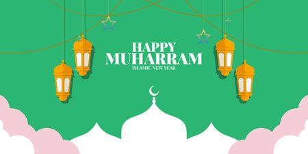 Happy muharram greeting card with hanging lanterns and cloudsのイラスト素材