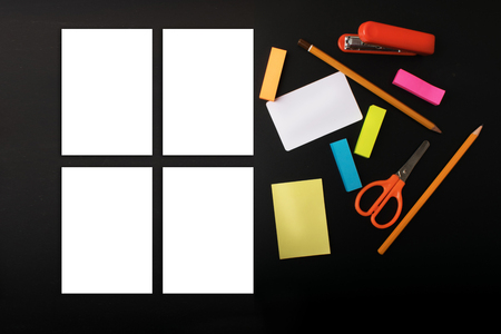 Mock ups on the black background. Templates blank with stationery. View top. Flat layの写真素材