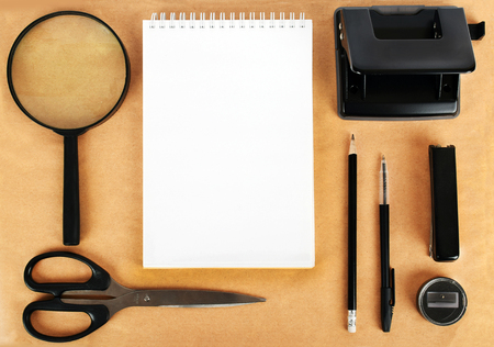 Mock up on the paper. Templates blank with stationery, copy space, top view. Flat layの写真素材