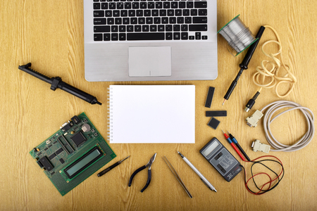 Mock up objects such as industrial controllers on a white background with copy space, top viewの写真素材