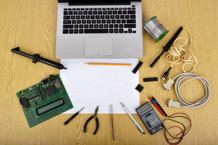 Mock up objects such as industrial controllers on a white background with copy space, top viewの写真素材