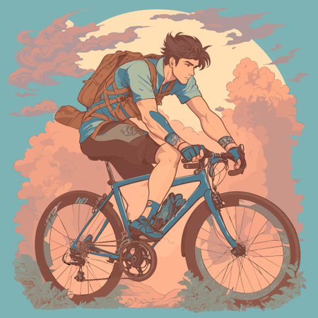 Vector illustration of a young man with a backpack riding a mountain bike.のイラスト素材