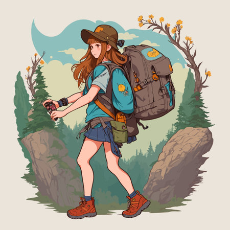 Hiking girl with backpack and binoculars. Vector illustration.のイラスト素材